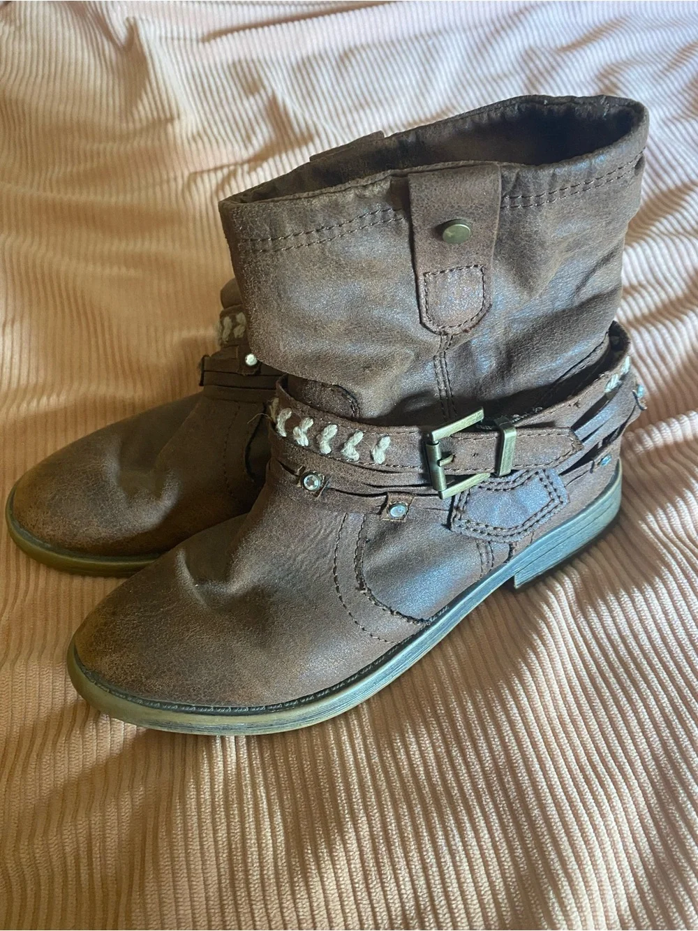 Justice Girls Brown Western Boho Slouchy Booties, Studded Straps Size 13